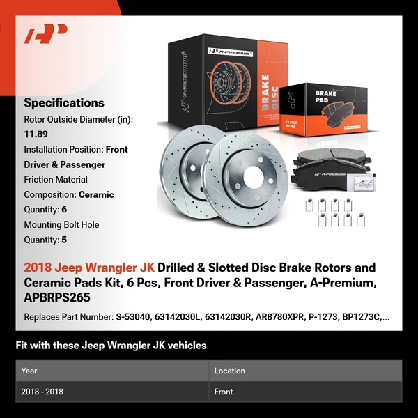 2018 Jeep Wrangler JK Drilled & Slotted Disc Brake Rotors and Ceramic Pads Kit, 6 Pcs, Front Driver & Passenger, A-Premium, APBRPS265