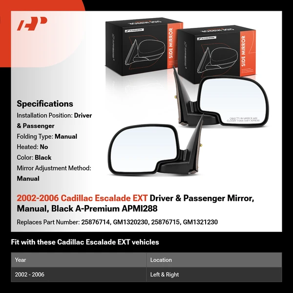 2002-2006 Cadillac Escalade EXT Driver & Passenger Mirror, Manual, Black A-Premium APMI288