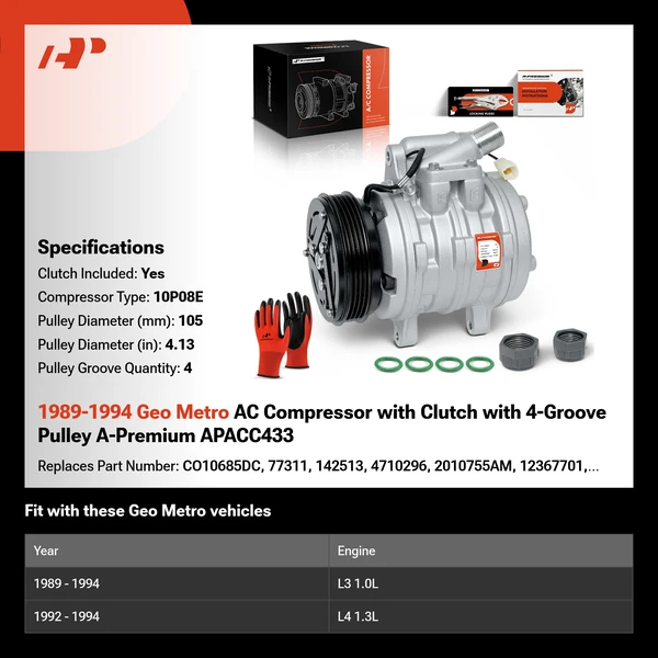 1989-1994 Geo Metro AC Compressor with Clutch with 4-Groove Pulley A-Premium APACC433