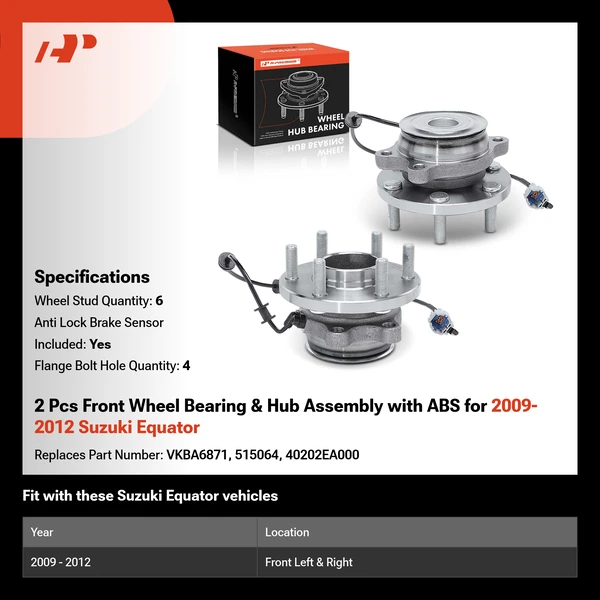 2 Pcs Front Wheel Bearing & Hub Assembly with ABS for 2009-2012 Suzuki Equator