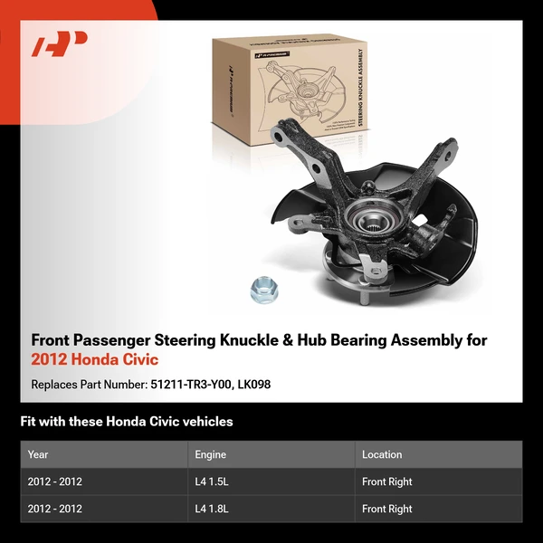 Front Passenger Steering Knuckle & Hub Bearing Assembly for 2012 Honda Civic