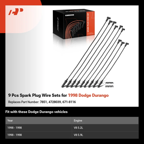 9 Pcs Spark Plug Wire Sets for 1998 Dodge Durango