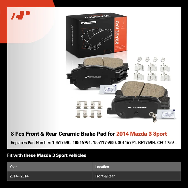 8 Pcs Front & Rear Ceramic Brake Pad for 2014 Mazda 3 Sport