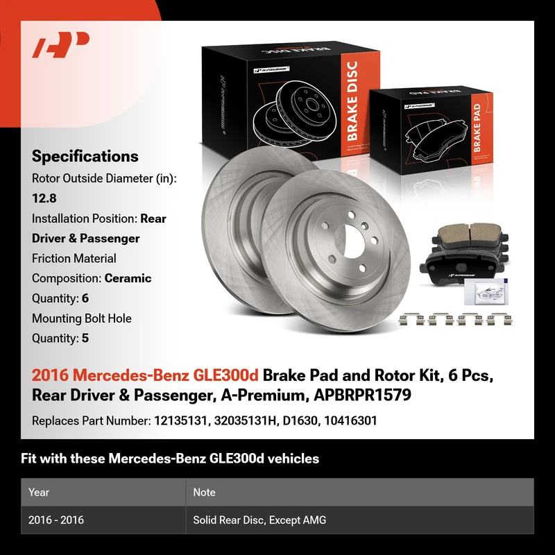 2016 Mercedes-Benz GLE300d Brake Pad and Rotor Kit, 6 Pcs, Rear Driver & Passenger, A-Premium, APBRPR1579