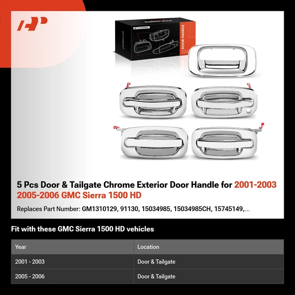5 Pcs Door & Tailgate Chrome Exterior Door Handle for 2001-2003 2005-2006 GMC Sierra 1500 HD