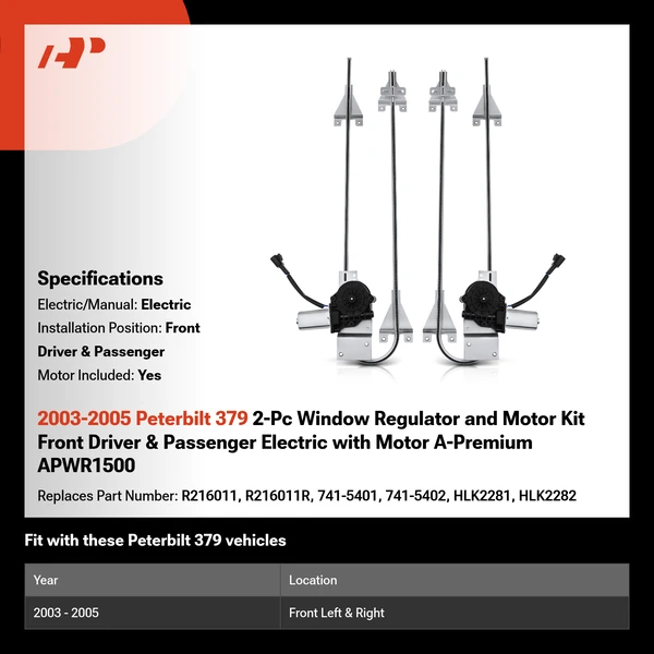 2003-2005 Peterbilt 379 2-Pc Window Regulator and Motor Kit Front Driver & Passenger Electric with Motor A-Premium APWR1500