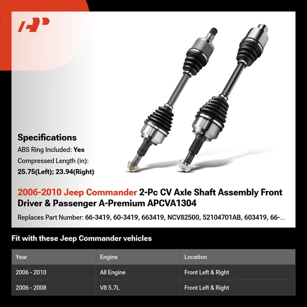 2006-2010 Jeep Commander 2-Pc CV Axle Shaft Assembly Front Driver & Passenger A-Premium APCVA1304