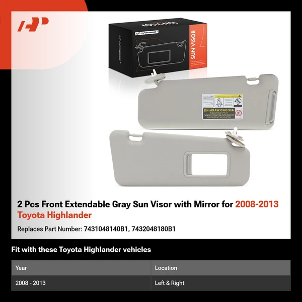 2 Pcs Front Extendable Gray Sun Visor with Mirror for 2008-2013 Toyota Highlander