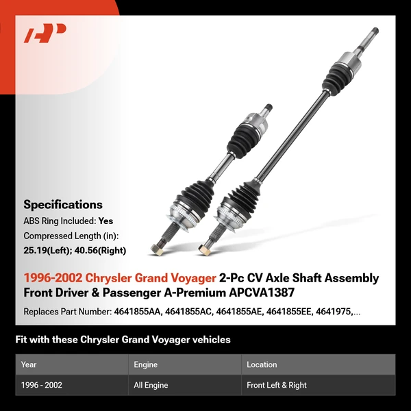 1996-2002 Chrysler Grand Voyager 2-Pc CV Axle Shaft Assembly Front Driver & Passenger A-Premium APCVA1387