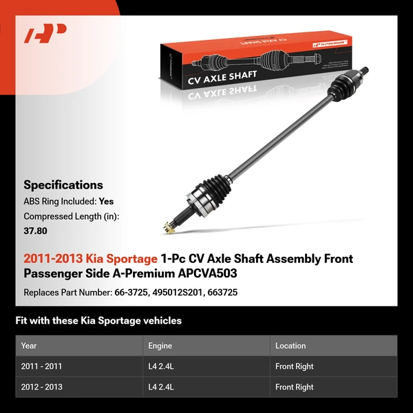 2011-2013 Kia Sportage 1-Pc CV Axle Shaft Assembly Front Passenger Side A-Premium APCVA503