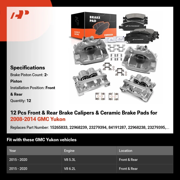 12 Pcs Front & Rear Brake Calipers & Ceramic Brake Pads for 2008-2014 GMC Yukon