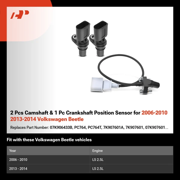 2 Pcs Camshaft & 1 Pc Crankshaft Position Sensor for 2006-2010 2013-2014 Volkswagen Beetle