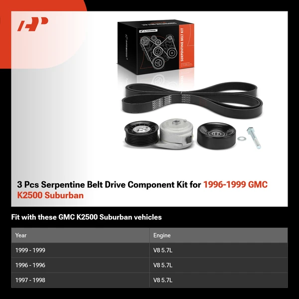 3 Pcs Serpentine Belt Drive Component Kit for 1996-1999 GMC K2500 Suburban