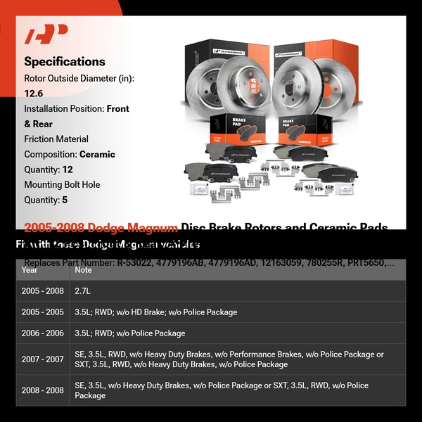 2005-2008 Dodge Magnum Disc Brake Rotors and Ceramic Pads Kit, 12 Pcs, Front & Rear, A-Premium, APBRPR200