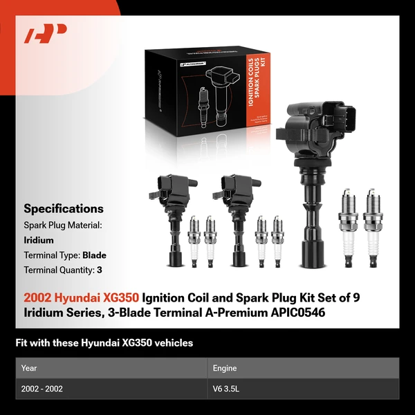 2002 Hyundai XG350 Ignition Coil and Spark Plug Kit Set of 9 Iridium Series, 3-Blade Terminal A-Premium APIC0546
