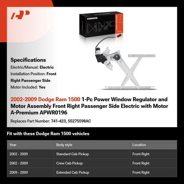 2002-2009 Dodge Ram 1500 1-Pc Power Window Regulator and Motor Assembly Front Right Passenger Side Electric with Motor A-Premium APWR0196