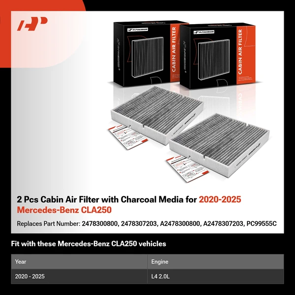 2 Pcs Cabin Air Filter with Charcoal Media for 2020-2025 Mercedes-Benz CLA250