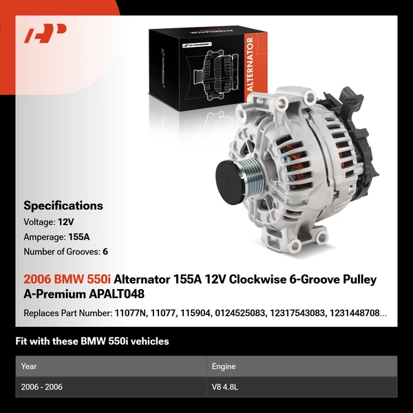 2006 BMW 550i Alternator 155A 12V Clockwise 6-Groove Pulley A-Premium APALT048