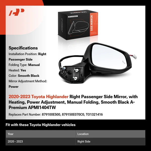 2020-2023 Toyota Highlander Right Passenger Side Mirror, with Heating, Power Adjustment, Manual Folding, Smooth Black A-Premium APMI1404TW