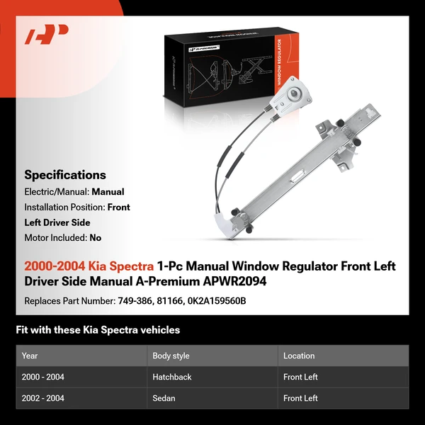 2000-2004 Kia Spectra 1-Pc Manual Window Regulator Front Left Driver Side Manual A-Premium APWR2094