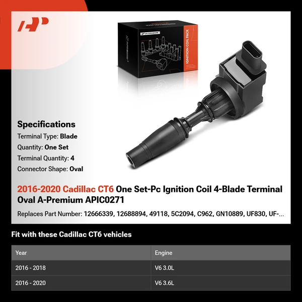 2016-2020 Cadillac CT6 One Set-Pc Ignition Coil 4-Blade Terminal Oval A-Premium APIC0271