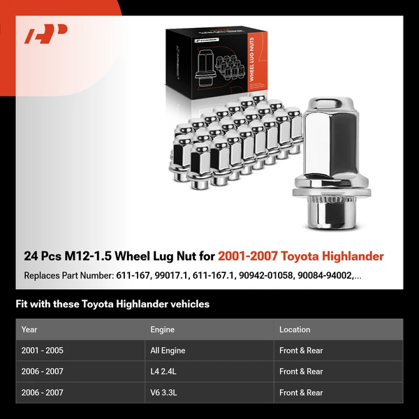 24 Pcs M12-1.5 Wheel Lug Nut for 2001-2007 Toyota Highlander