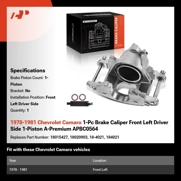 1978-1981 Chevrolet Camaro 1-Pc Brake Caliper Front Left Driver Side 1-Piston A-Premium APBC0564