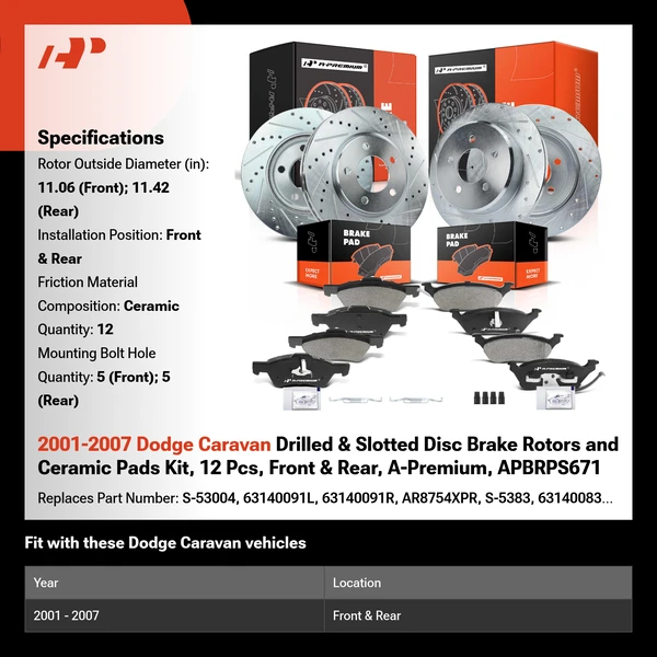 2001-2007 Dodge Caravan Drilled & Slotted Disc Brake Rotors and Ceramic Pads Kit, 12 Pcs, Front & Rear, A-Premium, APBRPS671