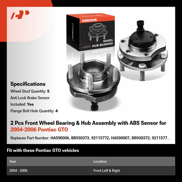 2 Pcs Front Wheel Bearing & Hub Assembly with ABS Sensor for 2004-2006 Pontiac GTO