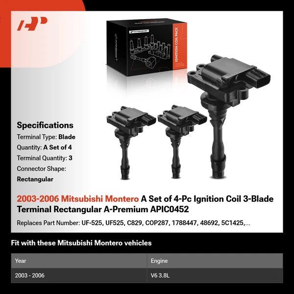 2003-2006 Mitsubishi Montero A Set of 4-Pc Ignition Coil 3-Blade Terminal Rectangular A-Premium APIC0452