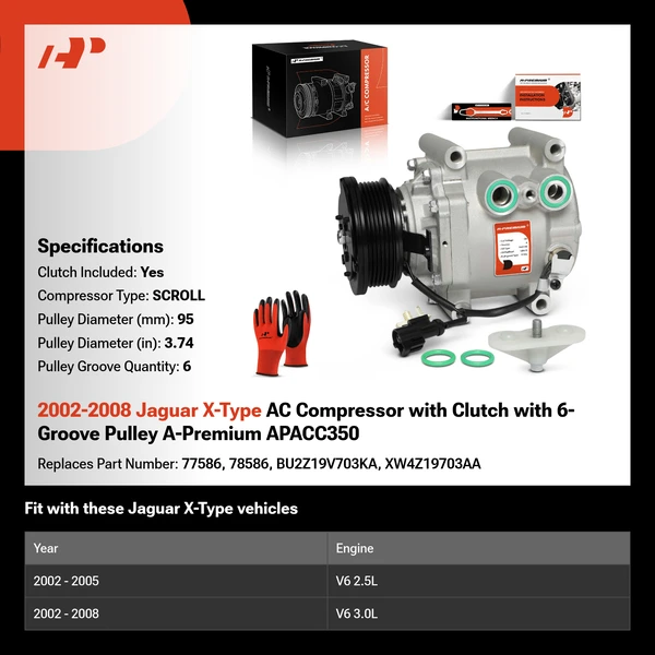 2002-2008 Jaguar X-Type AC Compressor with Clutch with 6-Groove Pulley A-Premium APACC350