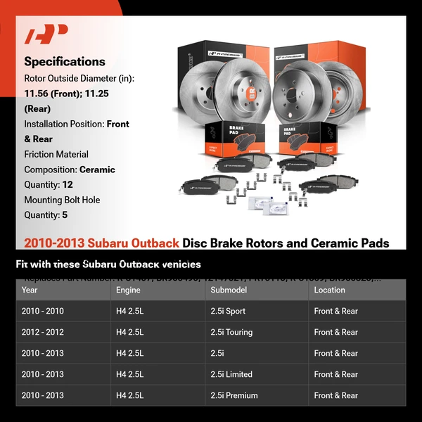 2010-2013 Subaru Outback Disc Brake Rotors and Ceramic Pads Kit, 12 Pcs, Front & Rear, A-Premium, APBRPR301