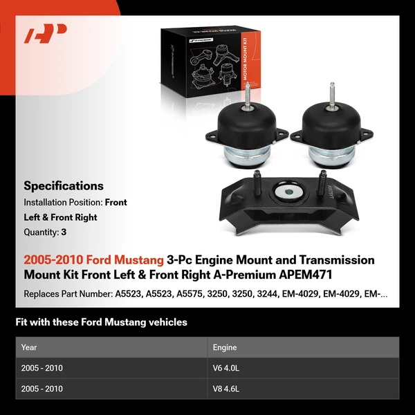 2005-2010 Ford Mustang 3-Pc Engine Mount and Transmission Mount Kit Front Left & Front Right A-Premium APEM471
