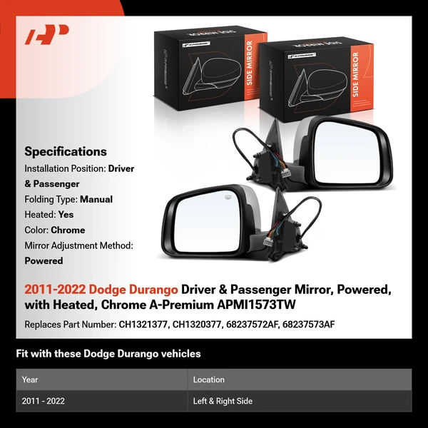 2011-2022 Dodge Durango Driver & Passenger Mirror, Powered, with Heated, Chrome A-Premium APMI1573TW