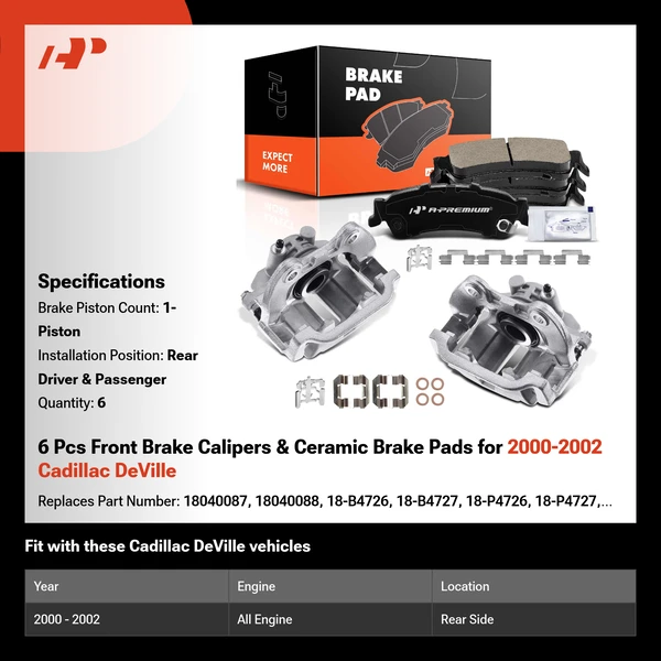 6 Pcs Front Brake Calipers & Ceramic Brake Pads for 2000-2002 Cadillac DeVille