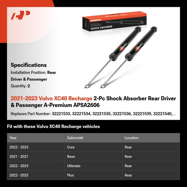 2021-2023 Volvo XC40 Recharge 2-Pc Shock Absorber Rear Driver & Passenger A-Premium APSA2606