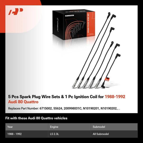 5 Pcs Spark Plug Wire Sets & 1 Pc Ignition Coil for 1988-1992 Audi 80 Quattro