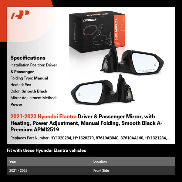 2021-2023 Hyundai Elantra Driver & Passenger Mirror, with Heating, Power Adjustment, Manual Folding, Smooth Black A-Premium APMI2519