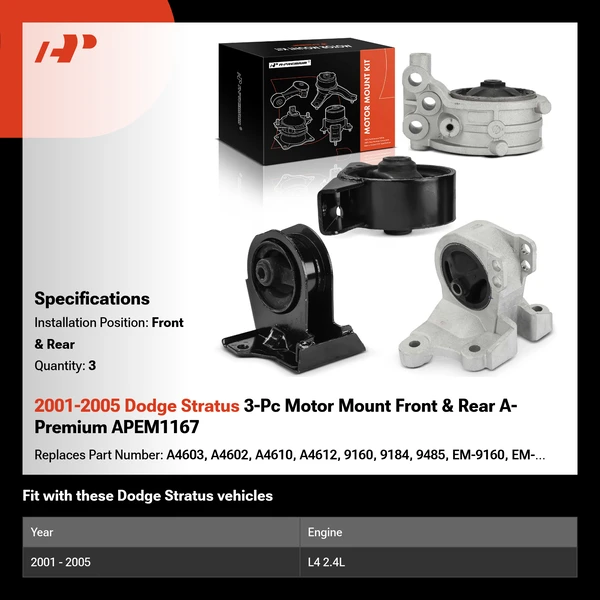 2001-2005 Dodge Stratus 3-Pc Motor Mount Front & Rear A-Premium APEM1167