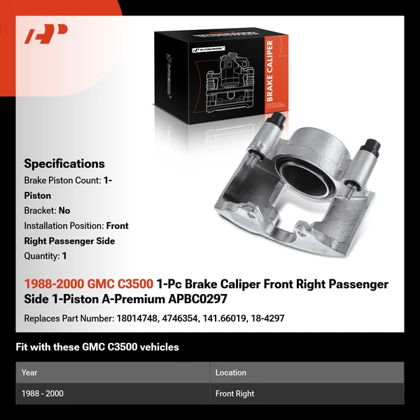 1988-2000 GMC C3500 1-Pc Brake Caliper Front Right Passenger Side 1-Piston A-Premium APBC0297