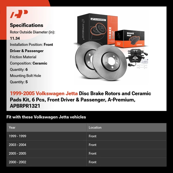 1999-2005 Volkswagen Jetta Disc Brake Rotors and Ceramic Pads Kit, 6 Pcs, Front Driver & Passenger, A-Premium, APBRPR1321