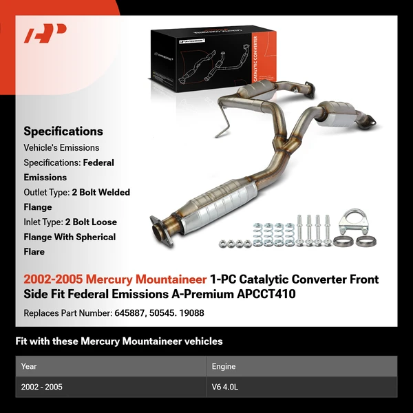 2002-2005 Mercury Mountaineer 1-PC Catalytic Converter Front Side Fit Federal Emissions A-Premium APCCT410