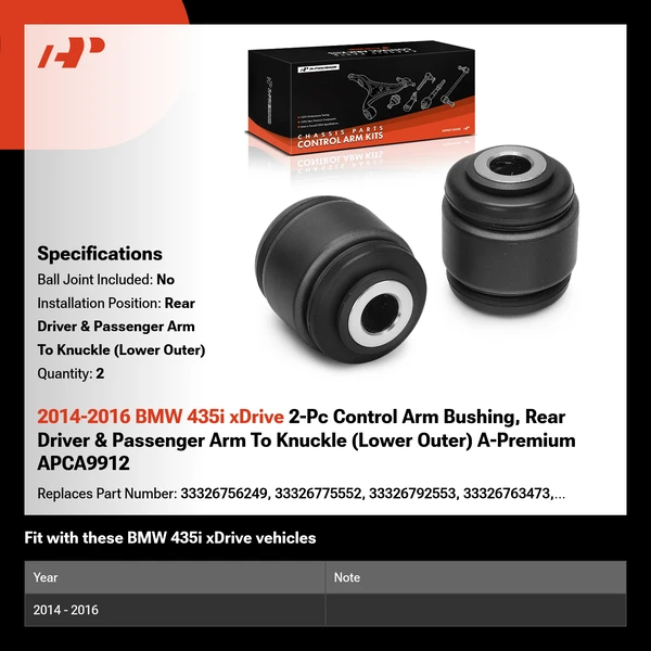 2014-2016 BMW 435i xDrive 2-Pc Control Arm Bushing, Rear Driver & Passenger Arm To Knuckle (Lower Outer) A-Premium APCA9912