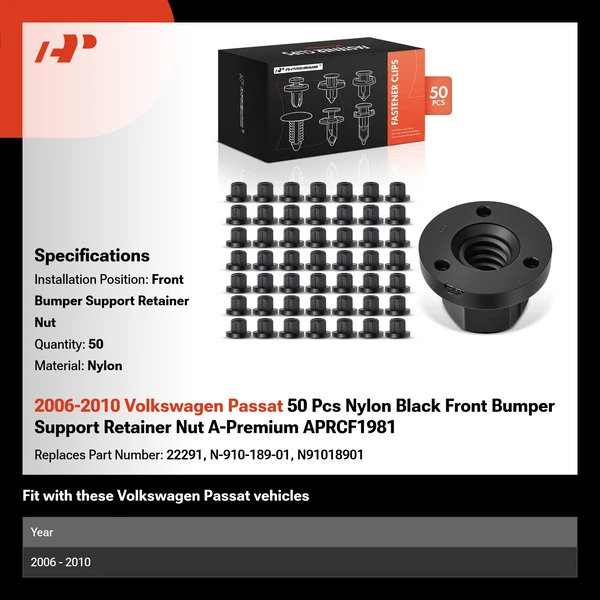 2006-2010 Volkswagen Passat 50 Pcs Nylon Black Front Bumper Support Retainer Nut A-Premium APRCF1981
