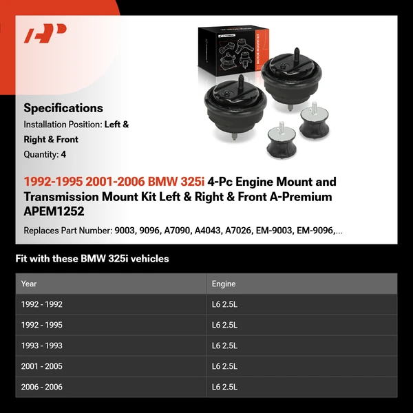 1992-1995 2001-2006 BMW 325i 4-Pc Engine Mount and Transmission Mount Kit Left & Right & Front A-Premium APEM1252
