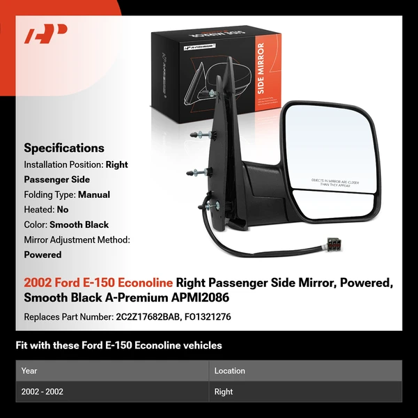 2002 Ford E-150 Econoline Right Passenger Side Mirror, Powered, Smooth Black A-Premium APMI2086