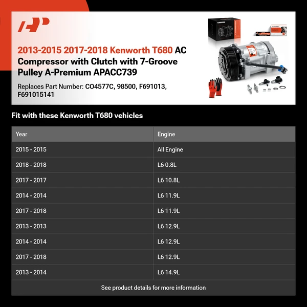 2013-2015 2017-2018 Kenworth T680 AC Compressor with Clutch with 7-Groove Pulley A-Premium APACC739