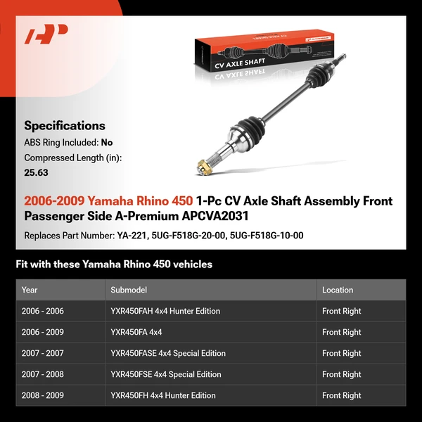 2006-2009 Yamaha Rhino 450 1-Pc CV Axle Shaft Assembly Front Passenger Side A-Premium APCVA2031