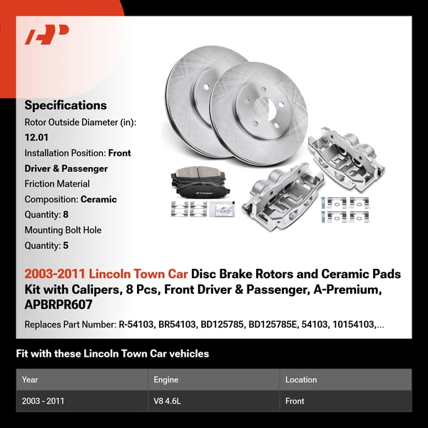 2003-2011 Lincoln Town Car Disc Brake Rotors and Ceramic Pads Kit with Calipers, 8 Pcs, Front Driver & Passenger, A-Premium, APBRPR607