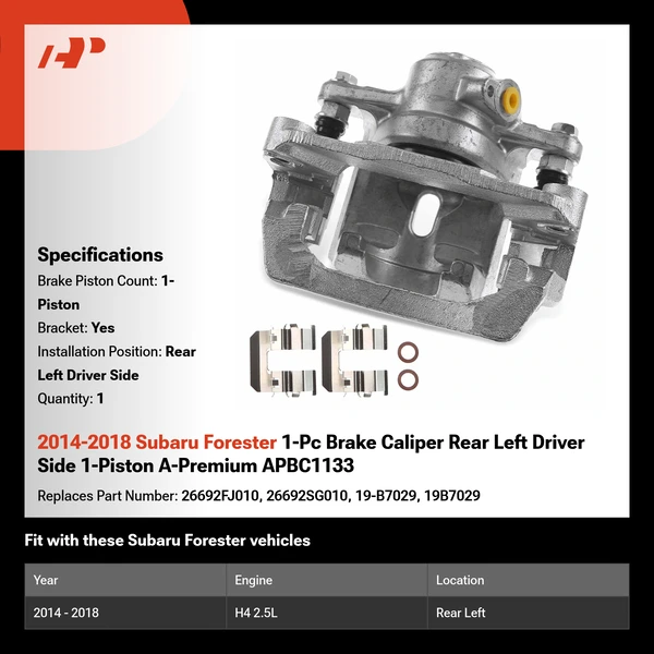 2014-2018 Subaru Forester 1-Pc Brake Caliper Rear Left Driver Side 1-Piston A-Premium APBC1133